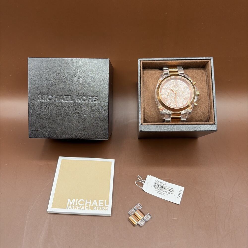 Michael Kors Chronograph Bradshaw Clear Acrylic Bracelet Rose Gold Watch MK5905